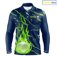 Load image into Gallery viewer, Golf balls green flame pattern mens long sleeve golf polo shirt - front view