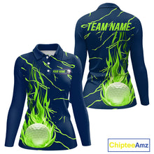Load image into Gallery viewer, front and back view of long sleeve green flame golf balls womens golf polo shirt for ladies