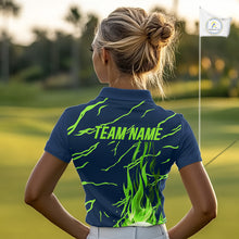 Load image into Gallery viewer, woman golfer in green flame womens golf polo with team name for golf lover
