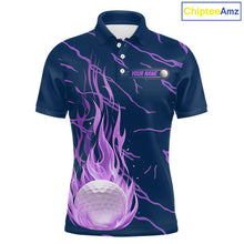 Load image into Gallery viewer, Golf balls purple flame pattern mens golf polo shirt - front view