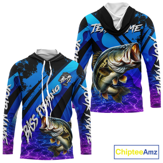 Personalized Purple Water Surface Largemouth Bass Long Sleeve Hooded Fishing Shirts, Bass Fishing Jerseys NBT1000