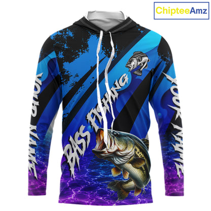 Personalized Purple Water Surface Largemouth Bass Long Sleeve Hooded Fishing Shirts, Bass Fishing Jerseys NBT1000