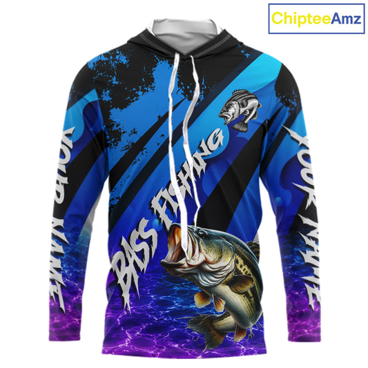 Personalized Purple Water Surface Largemouth Bass Long Sleeve Hooded Fishing Shirts, Bass Fishing Jerseys NBT1000