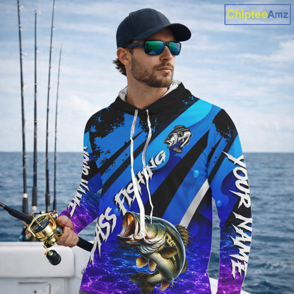 Personalized Purple Water Surface Largemouth Bass Long Sleeve Hooded Fishing Shirts, Bass Fishing Jerseys NBT1000