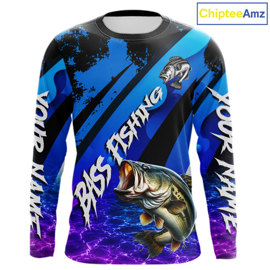 Personalized Purple Water Surface Largemouth Bass Long Sleeve Fishing Shirts, Bass Fishing Jerseys NBT1000