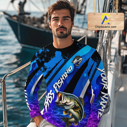 Personalized Purple Water Surface Largemouth Bass Long Sleeve Fishing Shirts, Bass Fishing Jerseys NBT1000
