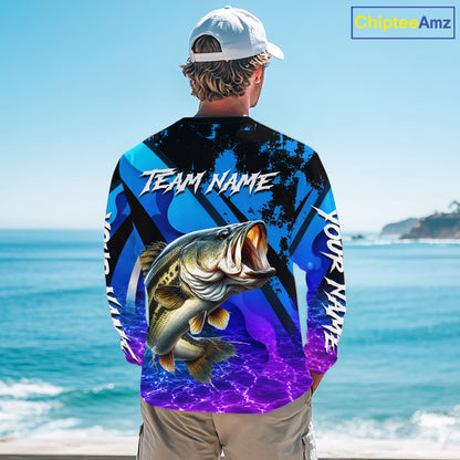 Personalized Purple Water Surface Largemouth Bass Long Sleeve Fishing Shirts, Bass Fishing Jerseys NBT1000