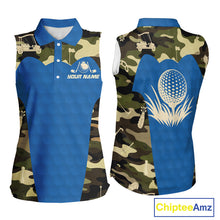 Load image into Gallery viewer, Blue Camo Womens Sleeveless Golf Polo Shirts Custom Golf Outfit For Ladies, Team Golf Shirts NBT632
