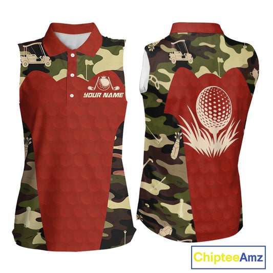 Red Camo Womens Sleeveless Golf Polo Shirts Custom Golf Outfit For Ladies, Team Golf Shirts NBT633