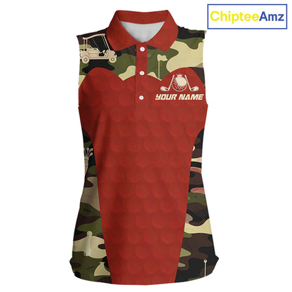 Red Camo Womens Sleeveless Golf Polo Shirts Custom Golf Outfit For Ladies, Team Golf Shirts NBT633