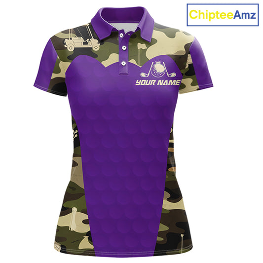 Purple Camo Womens Golf Polo Shirts Custom Golf Outfit For Ladies, Team Golf Shirts NBT635