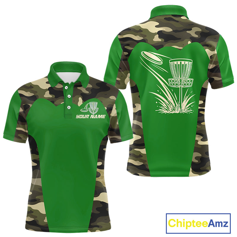 Mens Disc Golf Polo Shirt Custom Name Camo Disc Golf Basket, Personalized Disc Golf Shirts|Green NBT641