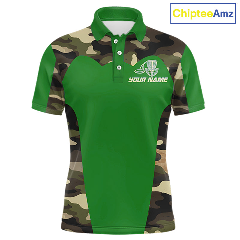 Mens Disc Golf Polo Shirt Custom Name Camo Disc Golf Basket, Personalized Disc Golf Shirts|Green NBT641