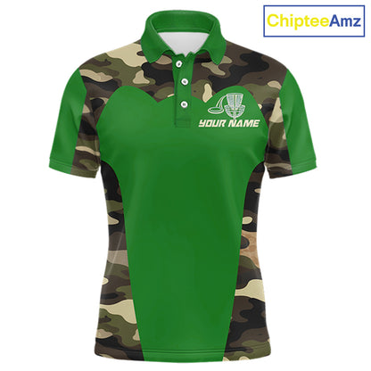 Mens Disc Golf Polo Shirt Custom Name Camo Disc Golf Basket, Personalized Disc Golf Shirts|Green NBT641