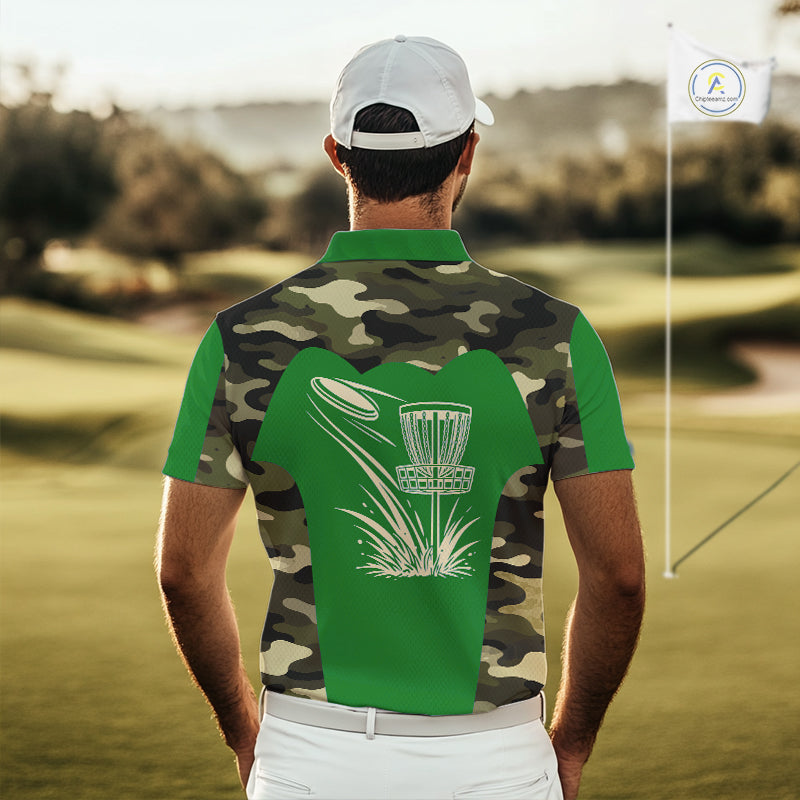 Mens Disc Golf Polo Shirt Custom Name Camo Disc Golf Basket, Personalized Disc Golf Shirts|Green NBT641
