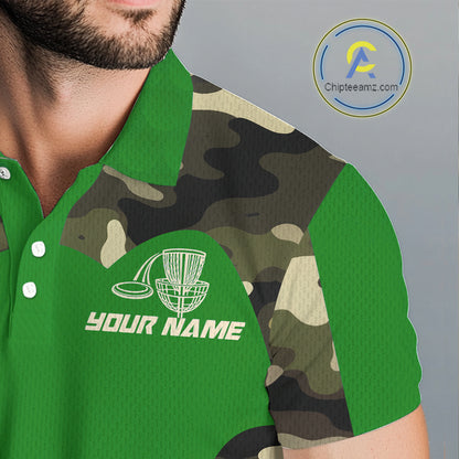 Mens Disc Golf Polo Shirt Custom Name Camo Disc Golf Basket, Personalized Disc Golf Shirts|Green NBT641