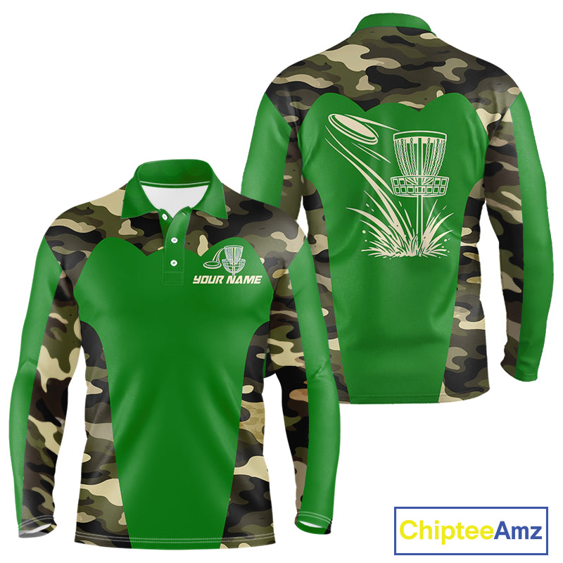 Mens Disc Golf Polo Shirt Custom Name Camo Disc Golf Basket, Personalized Disc Golf Shirts|Green NBT641