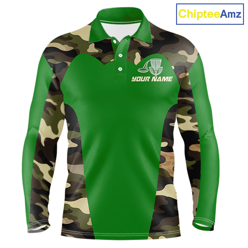 Mens Disc Golf Polo Shirt Custom Name Camo Disc Golf Basket, Personalized Disc Golf Shirts|Green NBT641