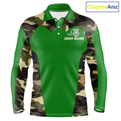 Mens Disc Golf Polo Shirt Custom Name Camo Disc Golf Basket, Personalized Disc Golf Shirts|Green NBT641