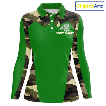 Womens Disc Golf Polo Shirt Custom Name Camo Disc Golf Basket, Personalized Disc Golf Shirts|Green NBT641
