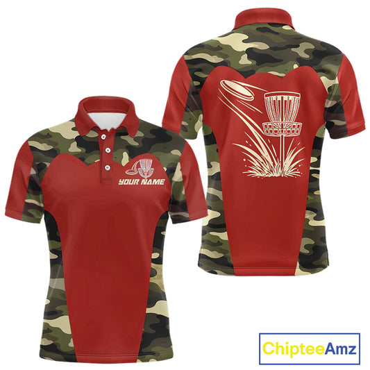 Mens Disc Golf Polo Shirt Custom Name Camo Disc Golf Basket, Personalized Disc Golf Shirts|Red NBT642