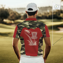Load image into Gallery viewer, Mens Disc Golf Polo Shirt Custom Name Camo Disc Golf Basket, Personalized Disc Golf Shirts|Red NBT642