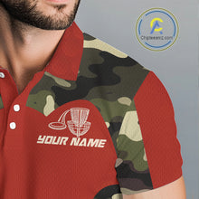 Load image into Gallery viewer, Mens Disc Golf Polo Shirt Custom Name Camo Disc Golf Basket, Personalized Disc Golf Shirts|Red NBT642