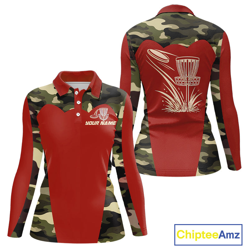 Womens Disc Golf Polo Shirt Custom Name Camo Disc Golf Basket, Personalized Disc Golf Shirts|Red NBT642