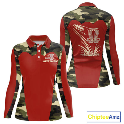 Womens Disc Golf Polo Shirt Custom Name Camo Disc Golf Basket, Personalized Disc Golf Shirts|Red NBT642