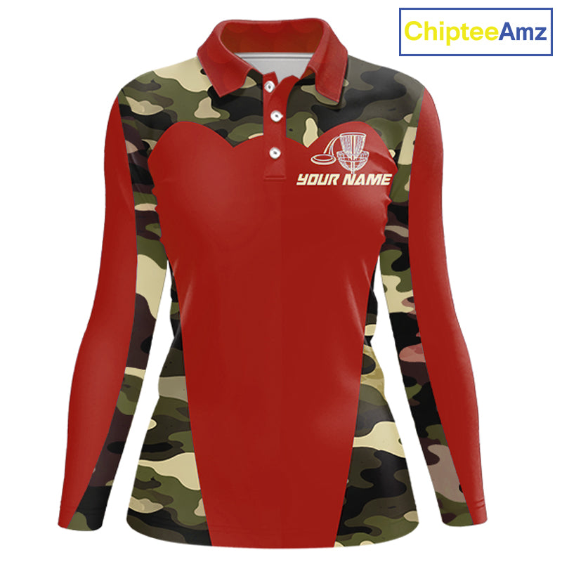 Womens Disc Golf Polo Shirt Custom Name Camo Disc Golf Basket, Personalized Disc Golf Shirts|Red NBT642