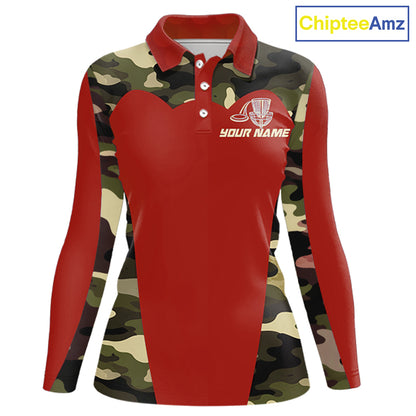 Womens Disc Golf Polo Shirt Custom Name Camo Disc Golf Basket, Personalized Disc Golf Shirts|Red NBT642