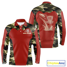 Load image into Gallery viewer, Mens Disc Golf Polo Shirt Custom Name Camo Disc Golf Basket, Personalized Disc Golf Shirts|Red NBT642