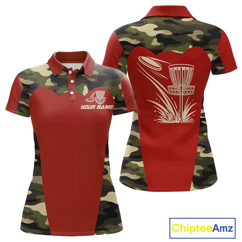 Womens Disc Golf Polo Shirt Custom Name Camo Disc Golf Basket, Personalized Disc Golf Shirts|Red NBT642