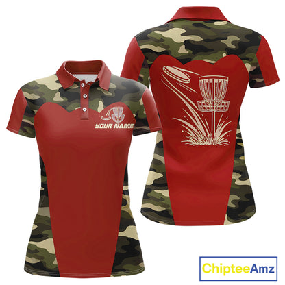 Womens Disc Golf Polo Shirt Custom Name Camo Disc Golf Basket, Personalized Disc Golf Shirts|Red NBT642