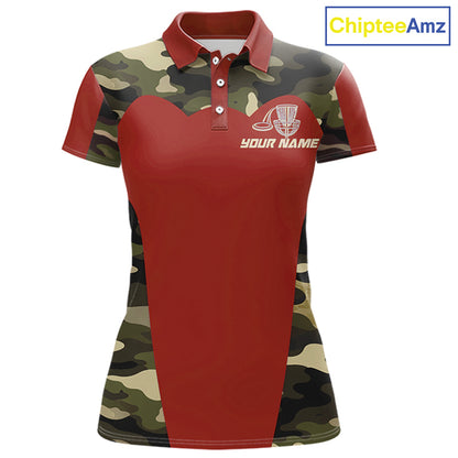 Womens Disc Golf Polo Shirt Custom Name Camo Disc Golf Basket, Personalized Disc Golf Shirts|Red NBT642