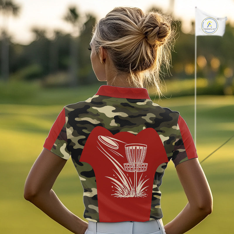 Womens Disc Golf Polo Shirt Custom Name Camo Disc Golf Basket, Personalized Disc Golf Shirts|Red NBT642