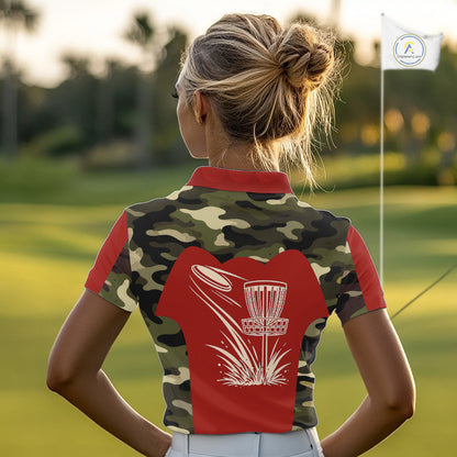 Womens Disc Golf Polo Shirt Custom Name Camo Disc Golf Basket, Personalized Disc Golf Shirts|Red NBT642