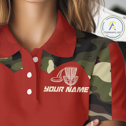 Womens Disc Golf Polo Shirt Custom Name Camo Disc Golf Basket, Personalized Disc Golf Shirts|Red NBT642