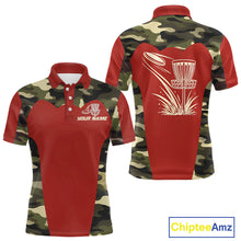 Load image into Gallery viewer, Mens Disc Golf Polo Shirt Custom Name Camo Disc Golf Basket, Personalized Disc Golf Shirts|Red NBT642