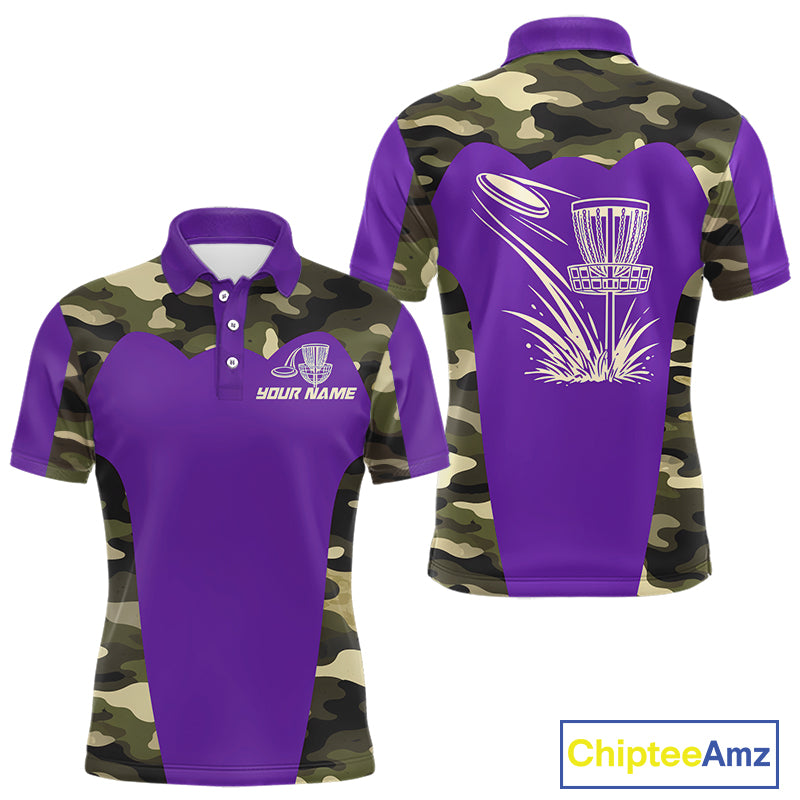Mens Disc Golf Polo Shirt Custom Name Camo Disc Golf Basket, Personalized Disc Golf Shirts|Purple NBT643