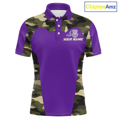 Mens Disc Golf Polo Shirt Custom Name Camo Disc Golf Basket, Personalized Disc Golf Shirts|Purple NBT643