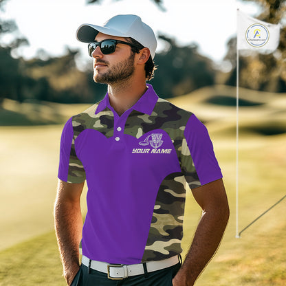 Mens Disc Golf Polo Shirt Custom Name Camo Disc Golf Basket, Personalized Disc Golf Shirts|Purple NBT643
