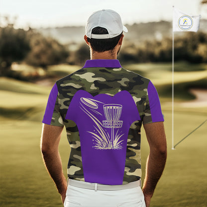 Mens Disc Golf Polo Shirt Custom Name Camo Disc Golf Basket, Personalized Disc Golf Shirts|Purple NBT643