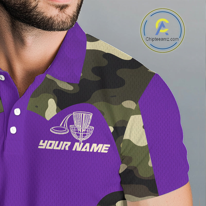 Mens Disc Golf Polo Shirt Custom Name Camo Disc Golf Basket, Personalized Disc Golf Shirts|Purple NBT643