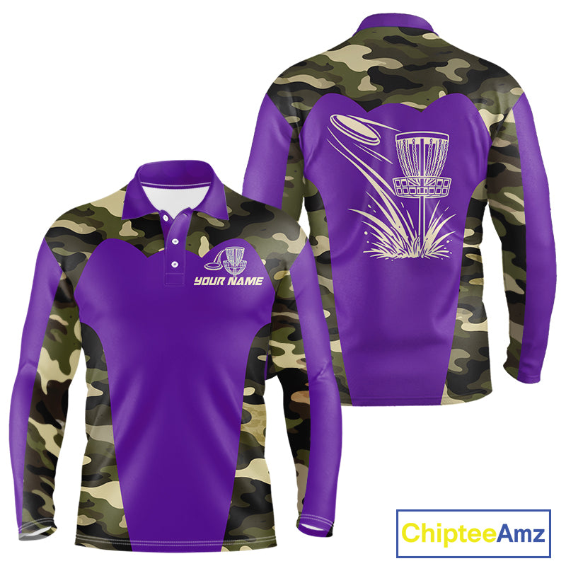 Mens Disc Golf Polo Shirt Custom Name Camo Disc Golf Basket, Personalized Disc Golf Shirts|Purple NBT643