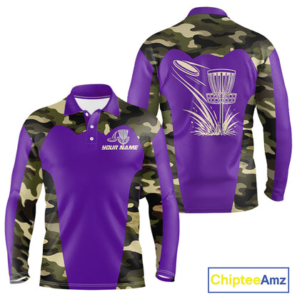 Mens Disc Golf Polo Shirt Custom Name Camo Disc Golf Basket, Personalized Disc Golf Shirts|Purple NBT643