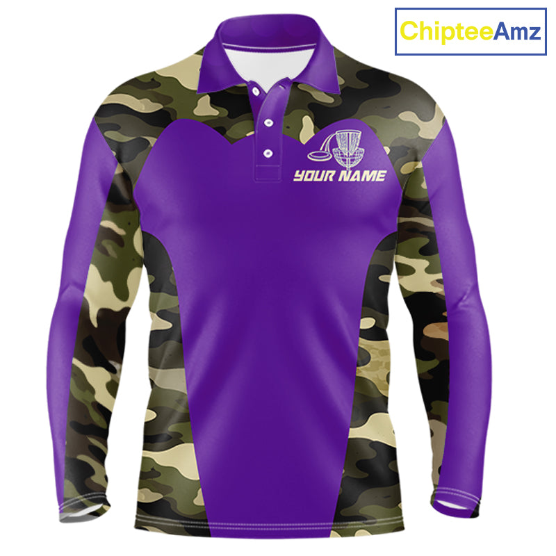 Mens Disc Golf Polo Shirt Custom Name Camo Disc Golf Basket, Personalized Disc Golf Shirts|Purple NBT643