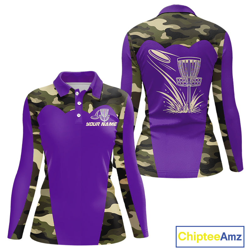 Womens Disc Golf Polo Shirt Custom Name Camo Disc Golf Basket, Personalized Disc Golf Shirts|Purple NBT643