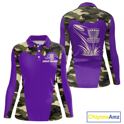 Womens Disc Golf Polo Shirt Custom Name Camo Disc Golf Basket, Personalized Disc Golf Shirts|Purple NBT643