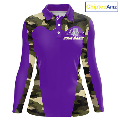 Womens Disc Golf Polo Shirt Custom Name Camo Disc Golf Basket, Personalized Disc Golf Shirts|Purple NBT643